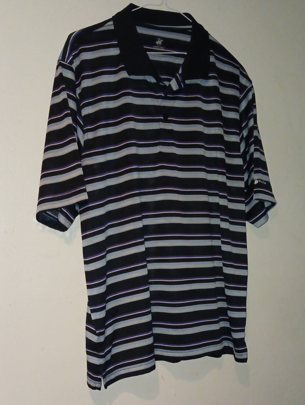 Beverly Hills Polo Club Black White and Purple Striped Polo